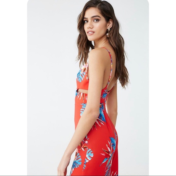 New Red Floral Cutout Jumpsuit - Picture 2 of 3